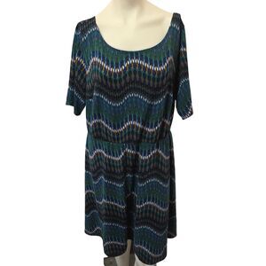 Paper Doll 2X Blue Green Geometric Print Fit Flare Dress Plus Size Midi